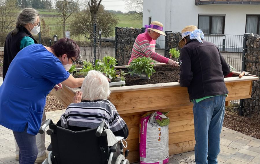 Bewohner setzen Pflanzen im Beet ein auf der Terrasse 